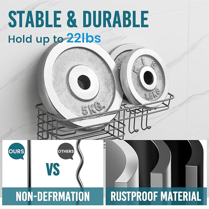 TAILI Shower Caddy Suction Cup with Hooks & Soap holder, Heavy Duty Bathroom Shower Organizer, No Drilling Shower Shelves for Inside bathroom, Metal Black Storage Basket-Grey