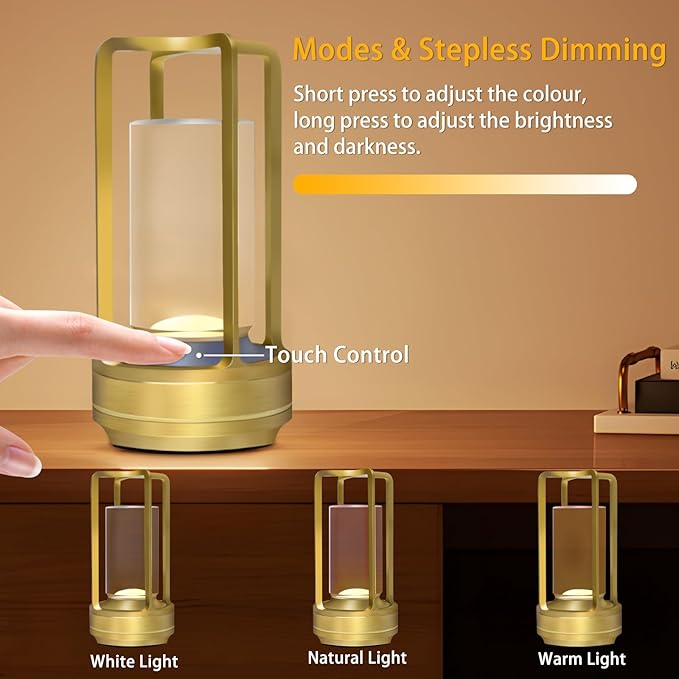 Portable Cordless Table Lamp, 4000mAh Lumisom Klarako Crystal Lantern, Rechargeable Metal Table Lamp, 3 Colors Stepless Dimming Touch, Table Light for Restaurant/Bedroom/Bars/Outdoor Party/Camping