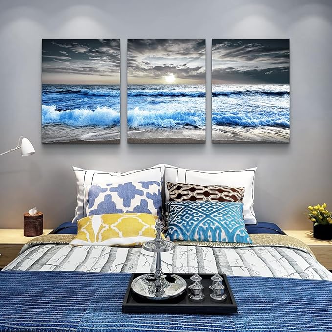 MHARTK66 Large Canvas Wall Art for Living Room, Bedroom, Office Decor - Blue Ocean Wave Seascape Pictures, Black and White Beach Painting - Modern Home Decorations