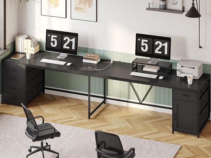 Sedeta SEDETA L Shaped Desk, 63'' Computer Desk with 5 Drawer & Power Outlet,Long Home Office Desk or Corner Desk, L Shaped Corner Desk with Monitor Shelf, Storage Cabinet, Black