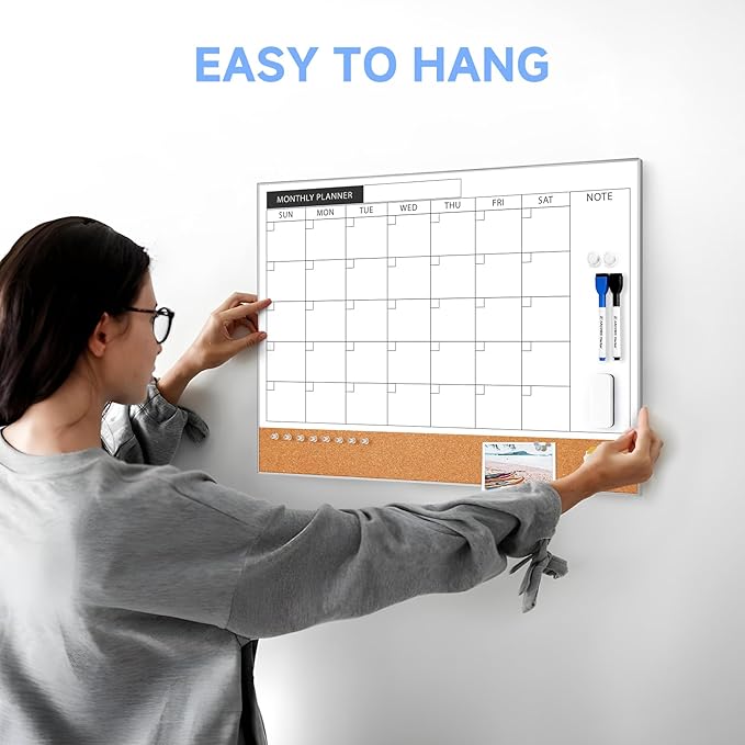 ARCOBIS Dry Erase Calendar with Cork Board for Wall, 24"x 18" Magnetic Calendar Whiteboard with Silver Frame, Monthly Combination Board for School, Home, Office