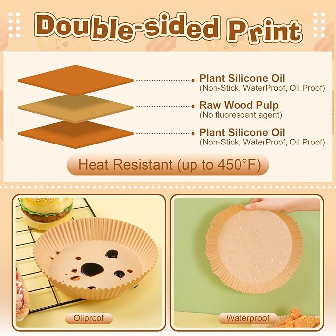 Honeydak 300 Pcs Air Fryer Disposable Paper Liner, Non-stick Air Fryer Liners, Round Parchment Paper for Cooking Baking Oil Proof Microwave Roasting Food Grade Easy Cleanup(8 Inch)