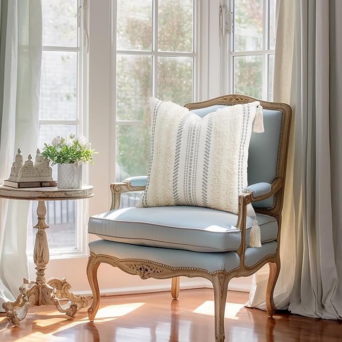 decorUhome Decorative Boho Throw Pillow Cover 18x18, Accent Neutral Textured Tufted Pillow Cover Striped for Couch Bed Sofa, Beige and Cream White, Pack of 1