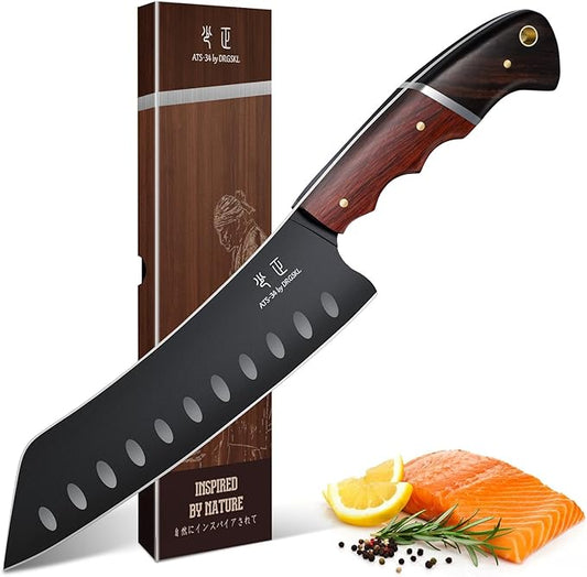 Santoku Knife 7 Inch - Japanese Chef Knife for Fish, Bunka Knife for Meat, Kiritsuke Knife for Vegetables, Black Slicing Knives with Full Tang Handle, Gift for Men Women