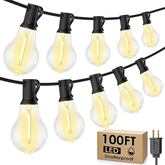 100FT LED Outdoor String Lights, Waterproof Patio Lights with 42 Shatterproof Dimmable 2700K A39 Bulbs Hanging Lighting for Outside Backyard