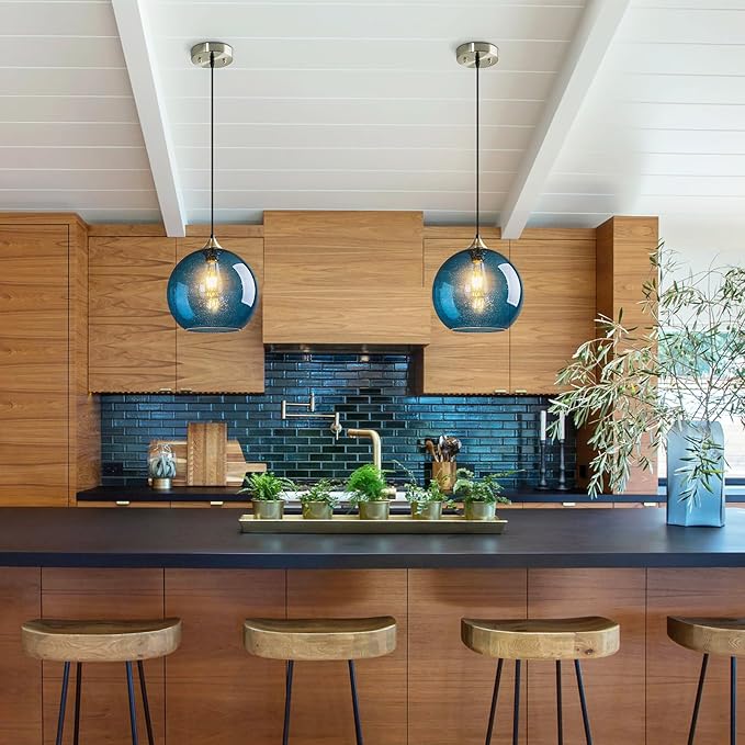 Blue Glass Pendant Lights Kitchen Island Lighting Globe Pendant Light Fixtures Modern Pendant Lighting for Kitchen Island Bedroom Living Dining Room Light Fixture(9.84in, 2-Pack)