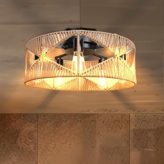 20 inch Boho Flush Mount Ceiling Light Fixture with 5-Light, Hand-Woven Rattan Chandelier with Integrated Metal Frame, Ceiling Light Hanging for Dining Room, Bedroom, Entryway, Living Room, Farmhouse