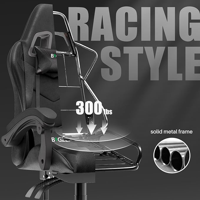 Gaming Chair High Back, Ergonomic Computer Gamer Chair with Headrest and Lumbar Support, Racing Style Reclining Game Chair for Adults, Kids (Black)