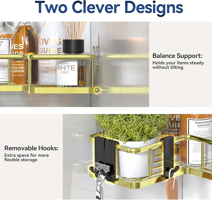 YASONIC Corner Shower Caddy Organizer, 5-Pack Self-Adhesive Rustproof Bath Shelves with Soap Holder & 4 Hooks, Large Capacity Shower Storage Rack for Bathroom Organization, Gold