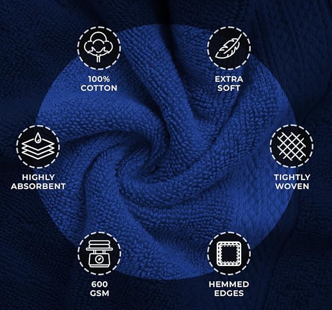 Avalon Towels Luxury 8 Piece Towels Set, 2 Bath Towels, 2 Hand Towels and 4 Washcloths, 600 GSM 100% Ring Spun Cotton Highly Absorbent Bathroom Towel Set, Ideal for Hotel, Spa and Gym (Royal Blue)