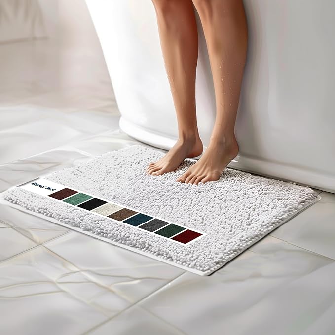 Muddy Mat Chenille Bathroom Rugs Quick Dry Microfiber Mats Non Slip Washable, Extra Thick, Soft and Highly Absorbent Bath Mats for Bathroom, Kitchen, and Shower Floor - White Medium 30"X19"