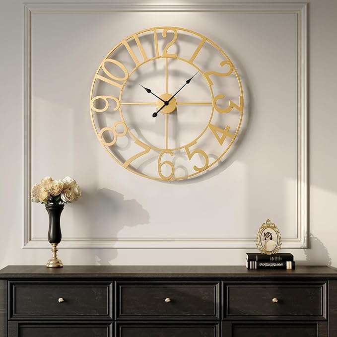 Gold Wall Clock 16 Inch, Decorative Wall Clocks Battery-Operated, Modern Metal Round Clock Silent Non Ticking Arabic Numerals for Living Room Kitchen Mantel Bedroom Office, Gold Wall Decor