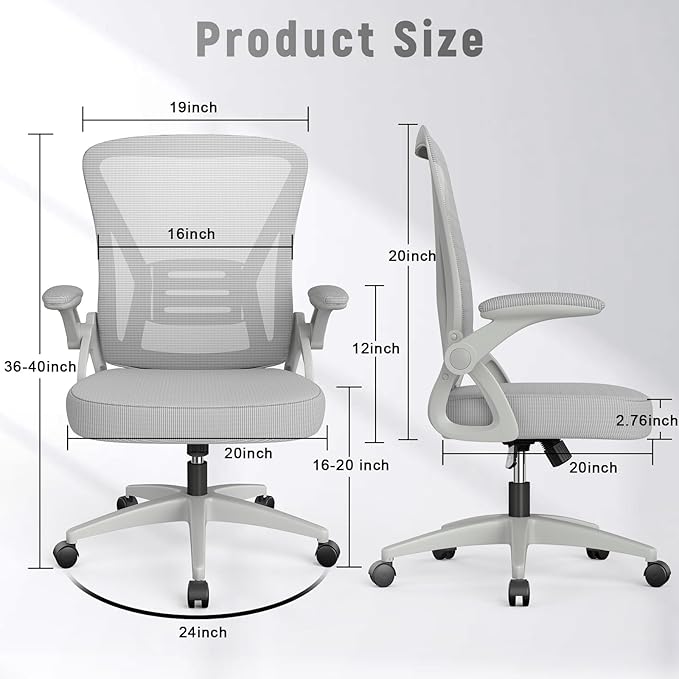 naspaluro Ergonomic Office Chair, Mid Back Desk Chairs with Adjustable Height, Swivel Chair with Flip-Up Arms and Lumbar Support, Breathable Mesh Computer Chair for Home/Study/Working, Grey