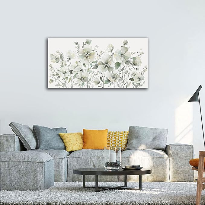 Elegant Flowers Wall Art Abstract Floral Pictures Wall Decor Modern Green Botanical Canvas Painting Flower Blossom Canvas Print Artwork for Living Room Bedroom Office Home Wall Decoration 20" x 40"