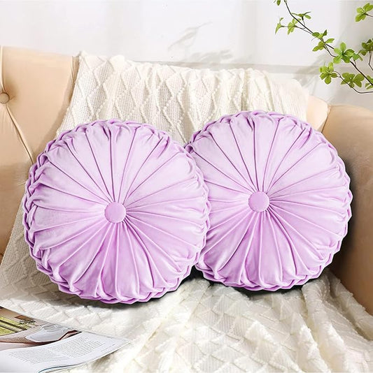 HIG Set of 2 Decorative Round Pleated Throw Pillows,Classy Accent Pumpkin Throw Pillows with Center Button,Vintage Velvet Floor Pillows for Sofa Vanity Chair Bed,Light Purple,14.7" Diameter(Ripple)