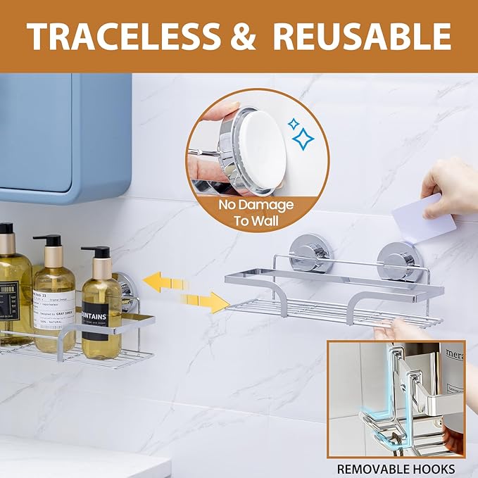 LEVERLOC Shower Caddy Suction Cup, 2 Pack Shower Shelves for Inside, Silver Rustproof Metal Bathroom Storage NO-Drilling Bathroom Organizer with Large Capacity, Heavy Duty Storage Basket