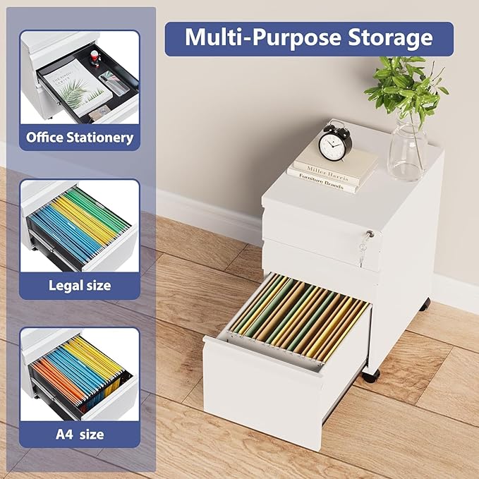 3 Drawer File Cabinet with Lock,Mobile Filing Cabinets,Metal Small Rolling File Cabinet,Under Desk Office Drawers for Legal/Letter/A4 File, Assembly Required,White