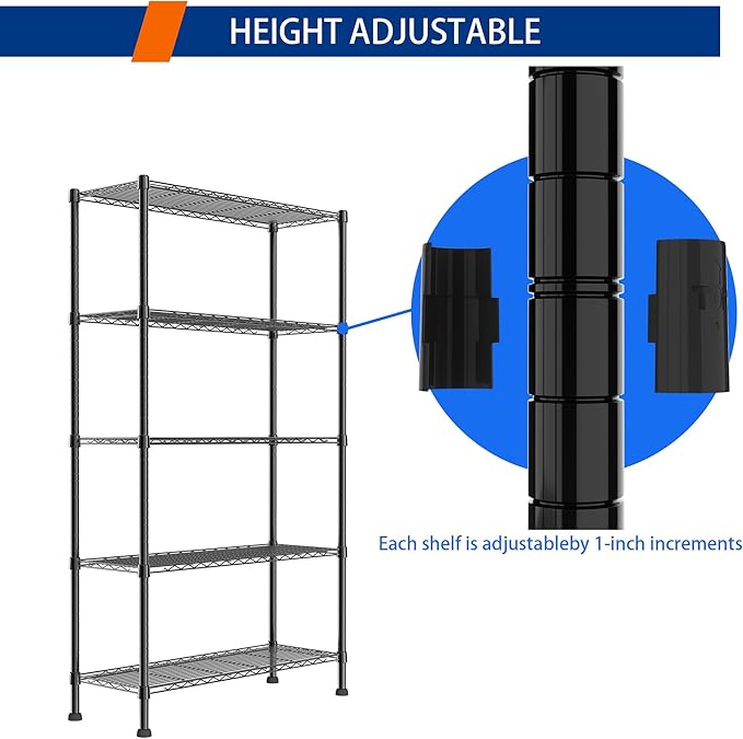REGILLER 5-Wire Shelving Metal Storage Rack Adjustable Shelves,Standing Storage Shelf Units for Laundry Bathroom Kitchen Pantry Closet(Black,14.1" D x 36.1" W x 71.5" H)