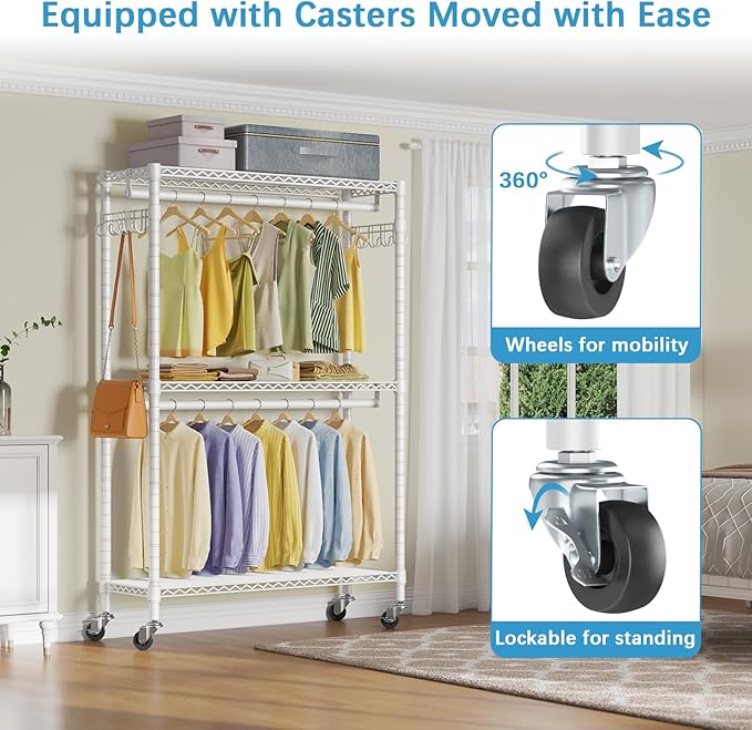 VIPEK R2 Plus Rolling Garment Rack 3 Tiers Adjustable Wire Shelving Clothes Racks with Wheels, Freestanding Wardrobe Storage Rack Heavy Duty Metal Clothing Racks for Hanging Clothes, White