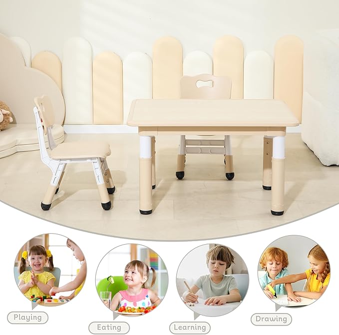 Kids Table and Chairs, Height-Adjustable Toddler Table and Chair Set with 31.5''Lx23.6''W Graffiti Desktop, Table Chair for Ages 3-8, Childrens Table and Chair Set for Daycare with 2 Chairs