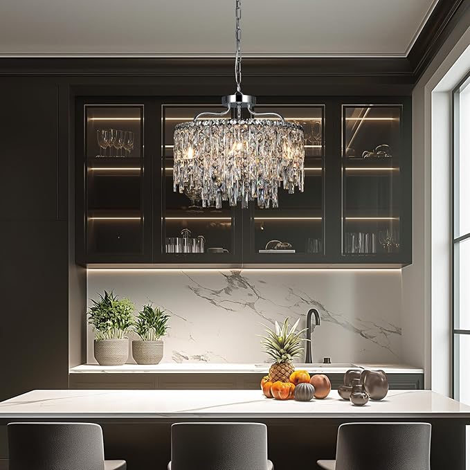 Chrome Crystal Chandelier, Modern Luxury Round Dining Room Chandeliers Over Table，6 Lights Chrome Ceiling Pendant Lighting for Dining Room Bedroom Entryway Foyer Staircase