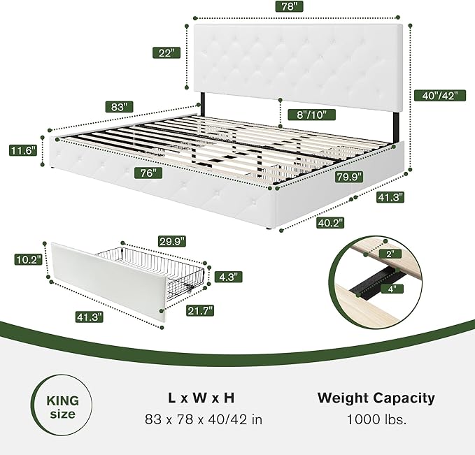 MUTICOR King Size Bed Frame with 4 Storage Drawers, Upholstered Platform Bed with Button Tufted Adjustable Headboard, No Box Spring Needed, Easy Assembly, Diamond Tufted, White Leather