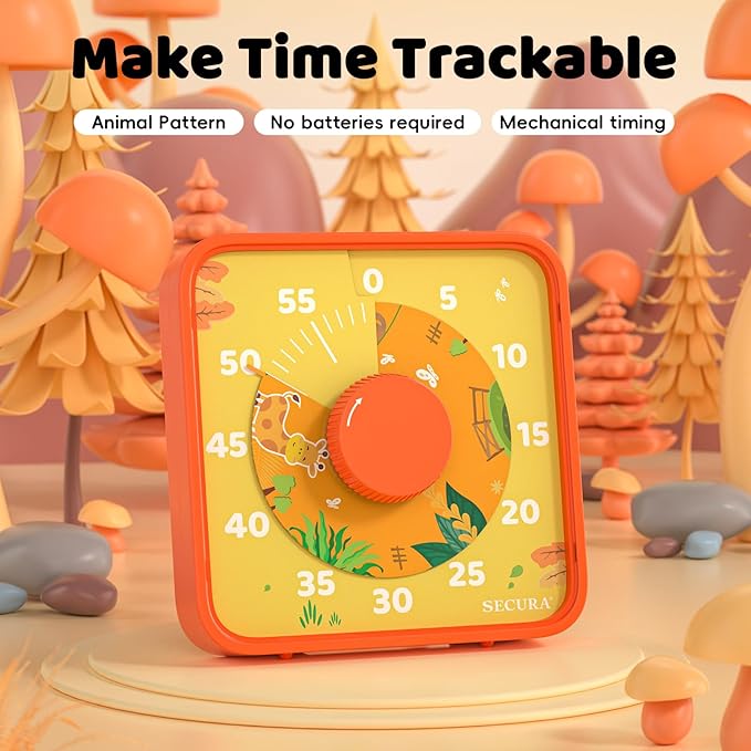 Secura 7.5-Inch Animal Pattern Visual Timer for Kids, 60-Minute Countdown Timer for Classroom or Kitchen, Durable Mechanical Timer Clock with Magnetic Backing (Orange)