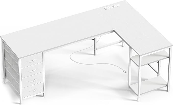 Huuger 63 Inch L Shaped Desk with Fabric Drawers, Reversible Computer Gaming Desk with Power Outlets and USB-C Port, Adjustable Side Storage Shelves, for Work Study Corner Home Office, White