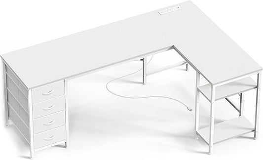 Huuger 63 Inch L Shaped Desk with Fabric Drawers, Reversible Computer Gaming Desk with Power Outlets and USB-C Port, Adjustable Side Storage Shelves, for Work Study Corner Home Office, White