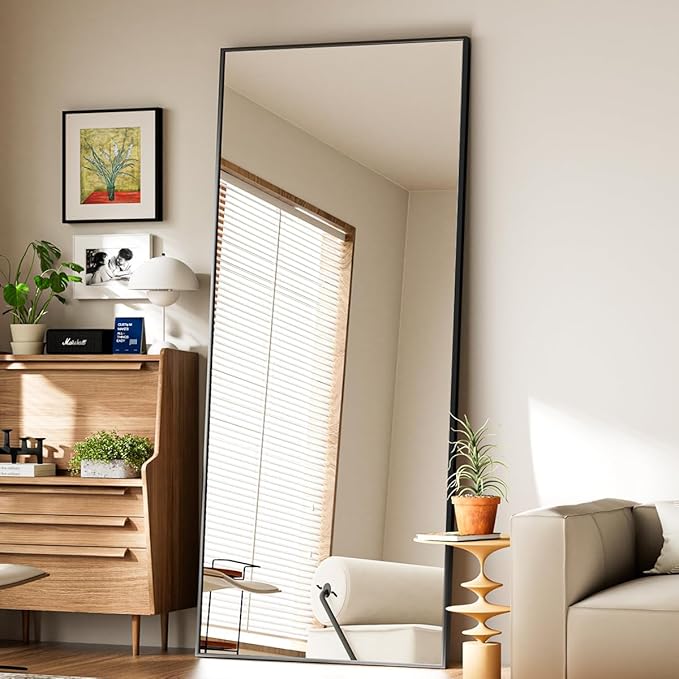 Koonmi 65"x24" Floor Mirror Full Length, Bedroom Floor Body Mirror with Stand, Large Black Mirror, Leaning, Standing or Hanging Horizontally/Vertically