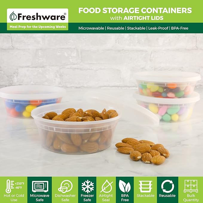 Freshware Food Storage Containers [240 Set] 8 oz Plastic Deli Containers with Lids, Slime, Soup, Meal Prep Containers, BPA Free, Stackable, Leakproof, Microwave, Dishwasher and Freezer Safe