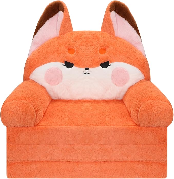 MONKISS Kids Couch, Comfy Toddler Chair, 2 in 1 Fold Out Kids Sofa to Lounger, Baby Sleeper Chair, Toddler Furniture, Birthday Gifts for Boys and Girls, 1~4 Years Old, Cute Fox