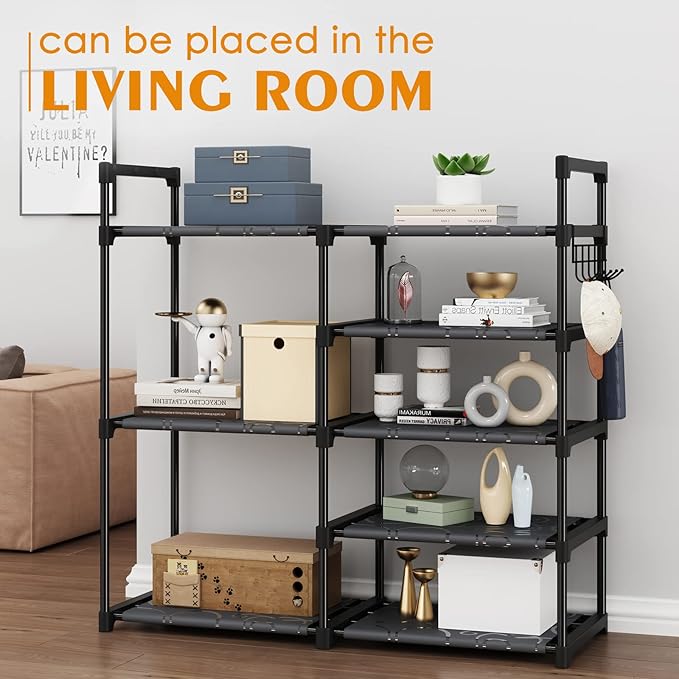 Black Tubes Closet Shoe Rack, 5 Tier Oxford Fabric Shelf, Easy Assembly, Sturdy and Durable, Holds Up to 30 lbs