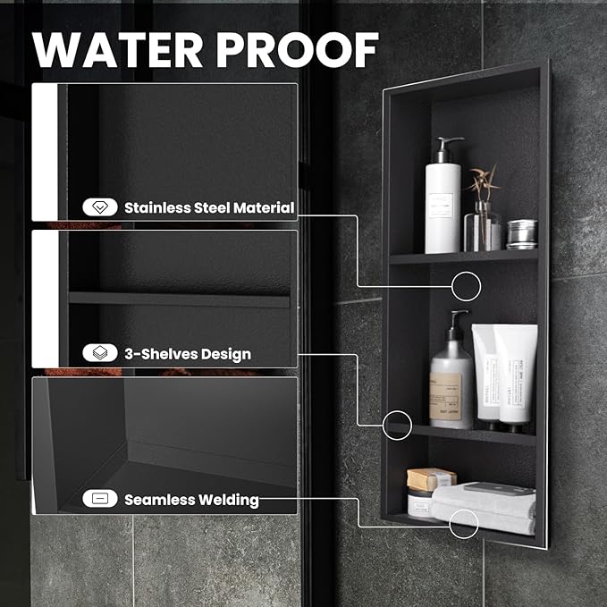 Stainless Steel Shower Niche 12" X 29"，3-Tier Recessed Wall Niche No Tile Needed Shower Shelf for Bathroom Storage (4x12x29 Black)