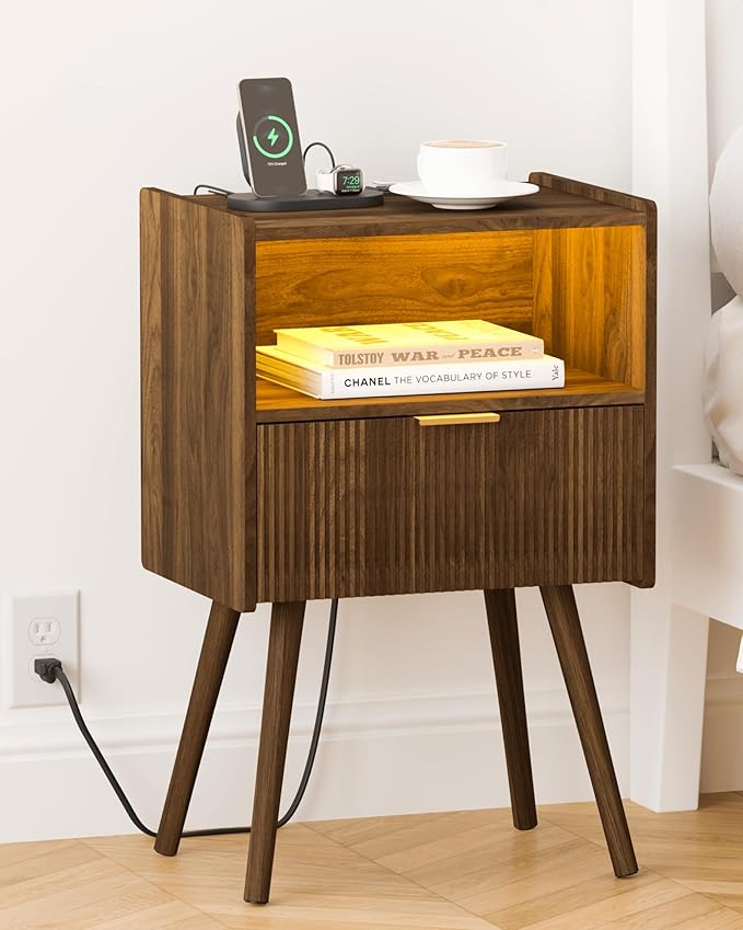 Nightstand, Modern Bedside Table with Charging Station and LED Lights, Night Stand with Storage Drawer and Solid Wood Legs