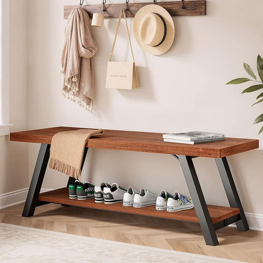 IBF Solid Wood Entryway Bench, Natural Real Wood Storage Bench, Farmhouse Wooden Shoe Bench in Entry Way Hallway Foyer Rack, Bedroom Bench Seat for Living Bed Mud Room Indoor, Rustic Brown, 47 Inch