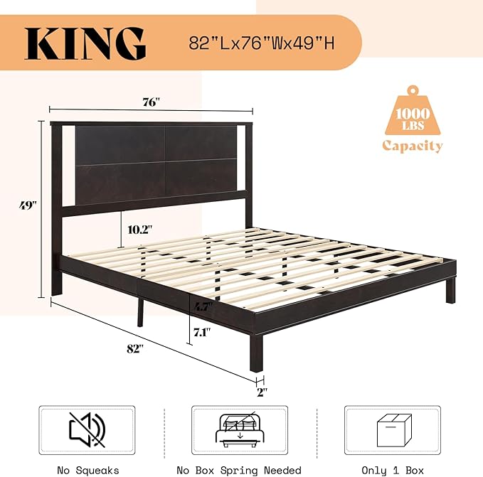 AMERLIFE Solid Wood King Size Bed Frame with Headboard, Mid Century Modern Style Platform Bed with Under-Bed Storage, No Box Spring Needed, Noise Free, Easy Assembly, Dark Brown