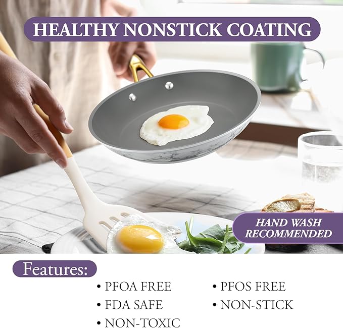 Frying Pan Nonstick, 10 Inch Skillet Easy to Clean, Kitchen Fry Pan without PTFE & PFOA, Compatible with All Stovetops, Lightweight and Durable, Marble White