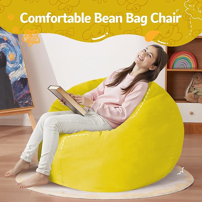 Homguava 2FT Bean Bag Chair: 2' Bean Bags with Memory Foam Filled,Comfy Beanbag Chairs Round Bean Bag Sofa with Dutch Velvet Cover-Yellow