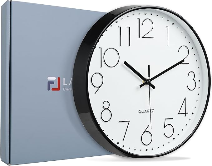 Lafocuse 12 Inch Silent Black Wall Clocks Battery Operated, Analog Wall Clock for Living Room Kitchen Bedroom Office Home Decor