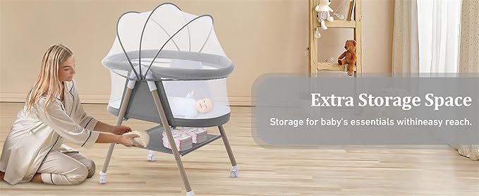 Baby bassinets,3 in1 Baby Crib, Sturdy, Portable & Easy to Assemble,Mosquito net and Portable Bag Included. (Gray)