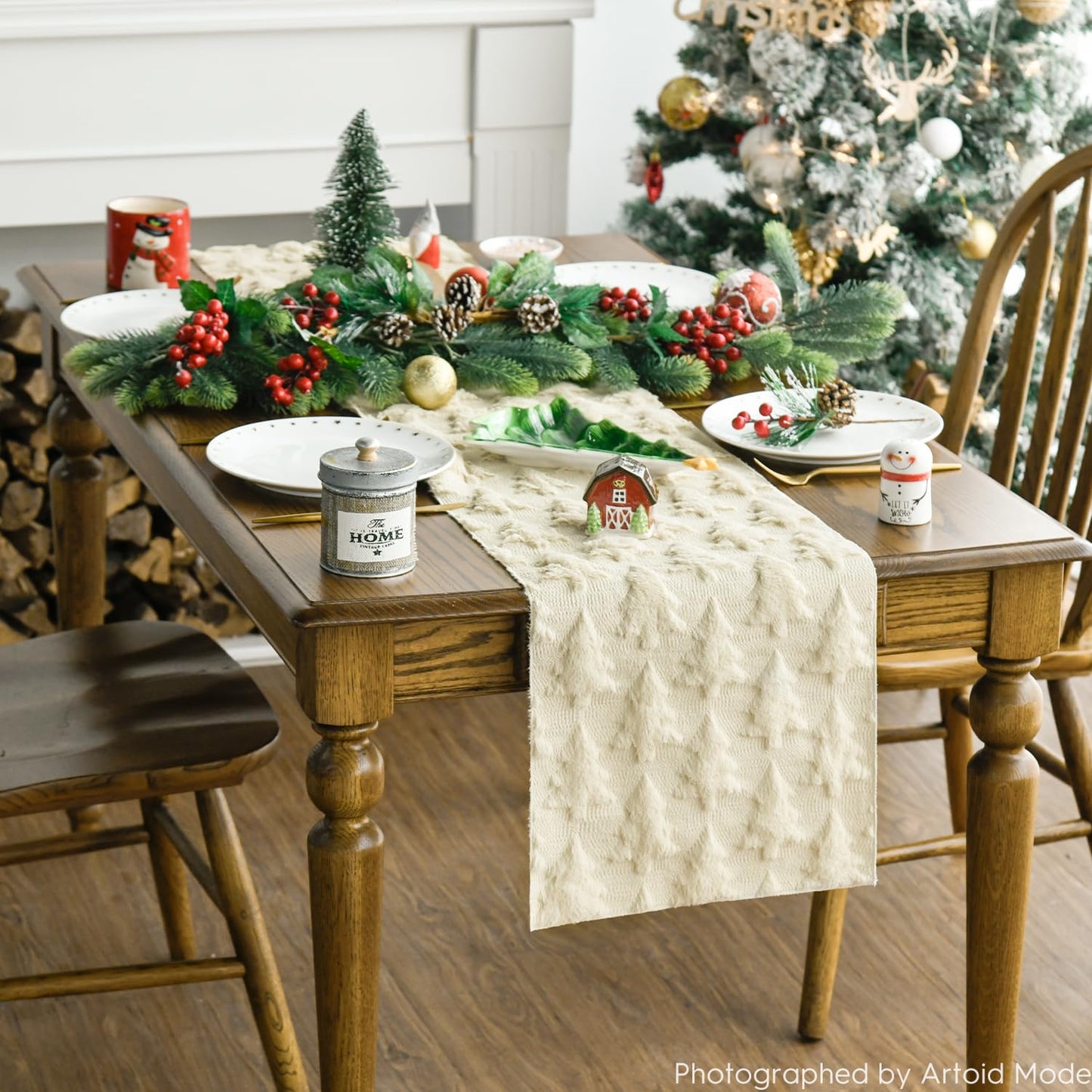 Artoid Mode Christmas Trees Beige Soft Plush Faux Fur Jacquard Christmas Table Runner, Holiday Kitchen Dining Table Decoration for Home Party Decor 13x72 Inch