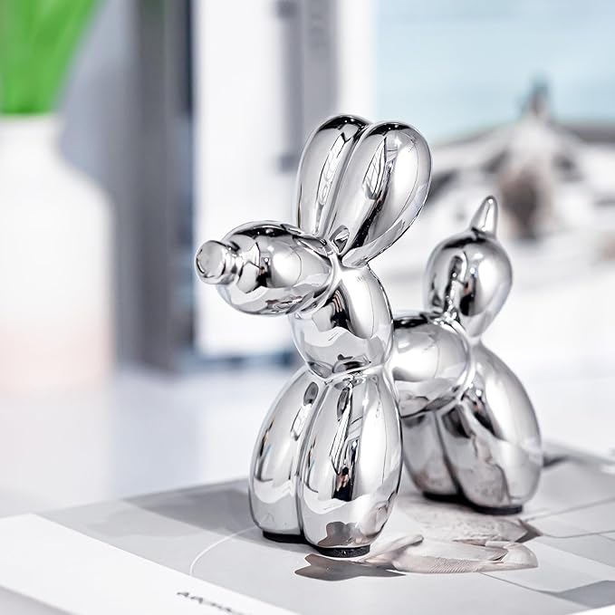 Creative Balloon Dog Statues Small Ceramic Animal Sculpture Modern Home Decor Living Room Desktop Decorations Bedroom Office Cabinet Ornament (Silver)