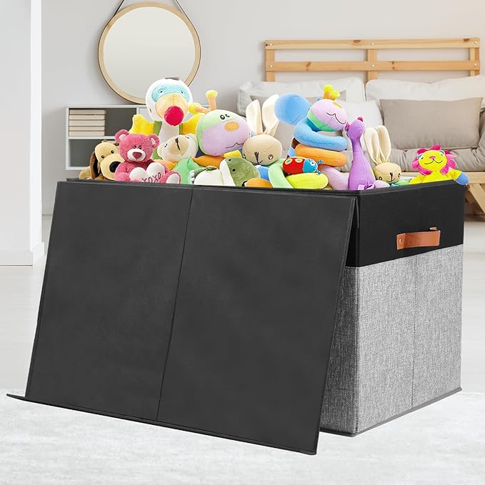 Large Toy Storage Box with Lid, Sturdy Toys Storage Chest Bin Organizer Basket with Dividers for Kids, Boys, Girls, Nursery, Closet, Bedroom, Playroom 26"x17" x17" (Black and Grey)