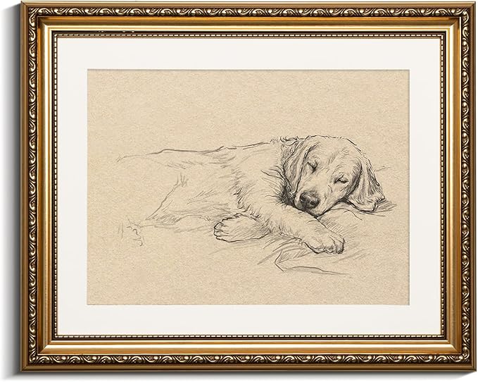 VIYYIEA Gold Framed Wall Art, Sleeping dog Canvas Print Home Decor Vintage Art Painting Picture Bathroom Wall Decor, Animals Artwork for Living Room Bedroom Kitchen Office - 16L x 13W