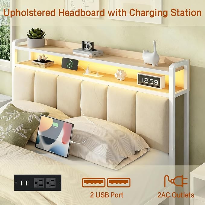 King Size Bed Frame with Storage Headboard, Metal Platform Bed Frame King Size with LED Lights and Charging Station, Heavy Duty Metal Slats, No Box Spring Needed, Easy Assembly, Beige
