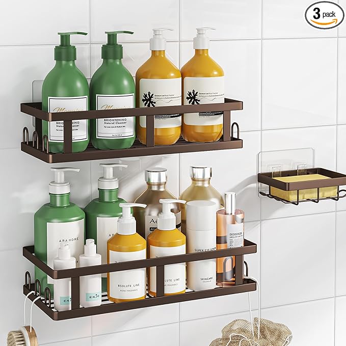 Shower Caddy Adhesive,No Drill Bathroom Organizer,Large Capacity Rustproof Shelves for Inside Shower,Bathroom Organizers and Storage,Bronze