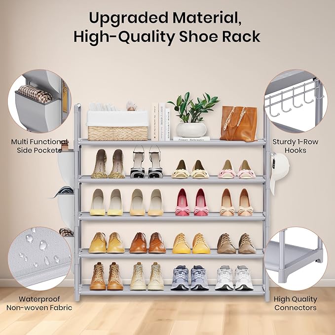 Shoe Rack for Closet Shoe Organizer Space Saver Storage for 20-25 Pair Shoe Shelf with Hook and Side Pocket Free Standing 5 Tier Shoe Rack Organizer for Entryway,Small Spaces, Grey