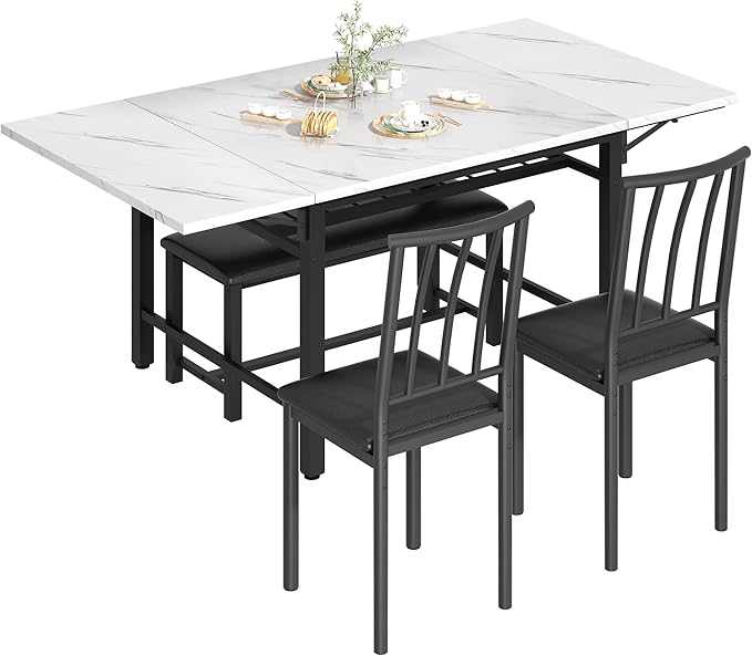 Lamerge 4-Piece Dining Table Set for 3-6 People, 63" Extendable Kitchen Table Set with 1 Bench and 2 Backrest Chairs, Faux Marble Table Square Dining Table Set with Drop Leaf for Small Space