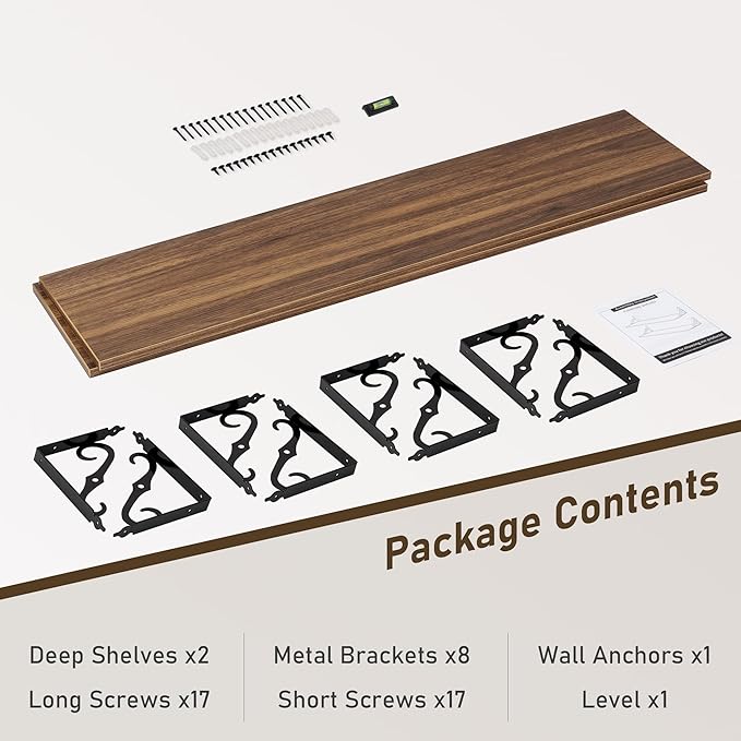 Deep Floating Shelves, 55" W x 12" D Wall Shelves Set of 2, Wide Display Shelf Wall Mounted with Brackets, Bookshelf for Living Room, Bathroom, Bedroom, Walnut